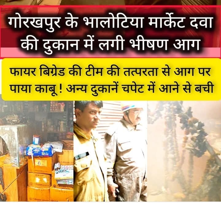 गोरखपुर जिले के भलोटिया दवा मंडी में लगी आग, फायर सर्विस की